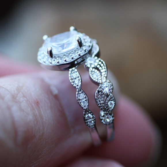 Handcrafted White Sapphire Engagement Ring Wedding Set Sterling Silver Size 6 - Picture 11 of 12